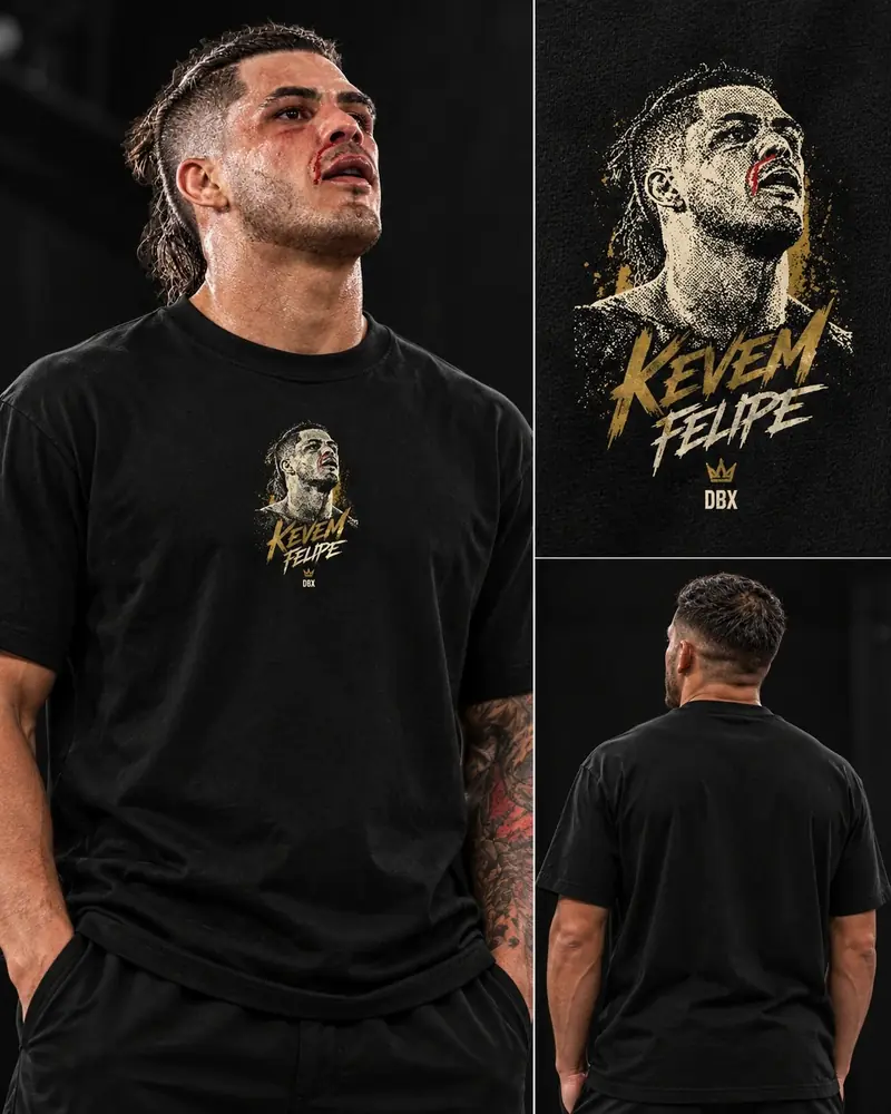 Kevem wears the black Kevem Felipe DBX tee with his portrait in gold