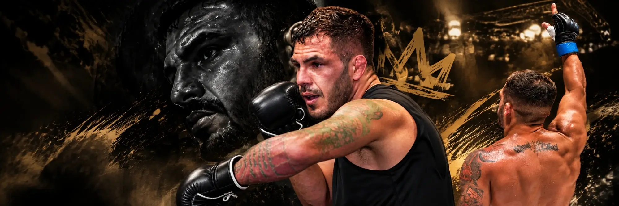 Kevem in his gloves on guard, with his face in black and white and a gold crown behind him